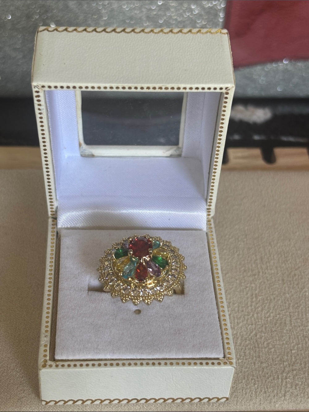 Gold-Tone Multicolor Gemstone Cocktail Ring — Red & Green Size 7